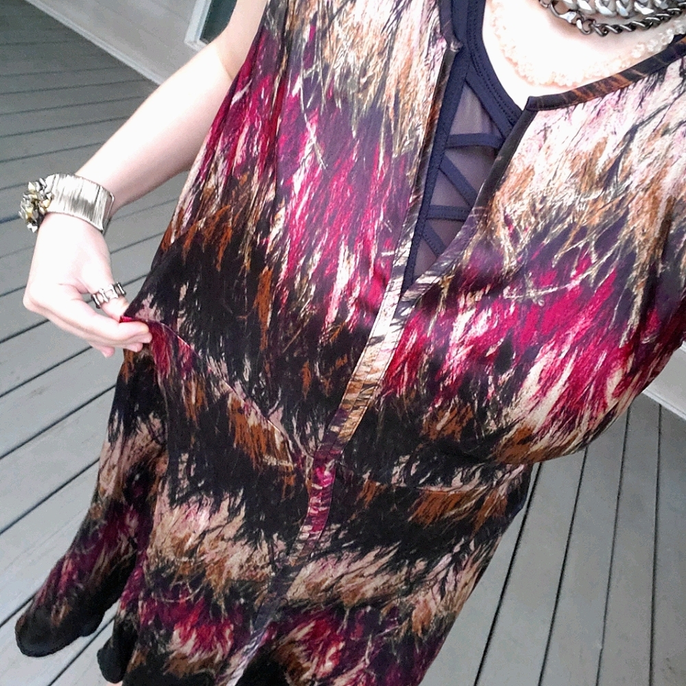 Kenneth Cole Boho Multicolored Satin V-neck Knee-length Casual Summer Dress - Picture 6 of 16